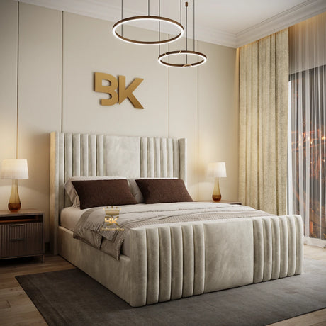 Wingback Upholstered Bed in Cream Plush Velvet