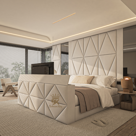Bespoke wall panel storage TV bed in cream plush made by Bedroomking