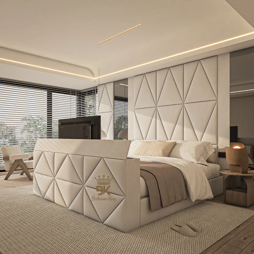 Bespoke wall panel storage TV bed in cream plush made by Bedroomking