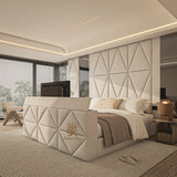 Bespoke wall panel storage TV bed in cream plush made by Bedroomking