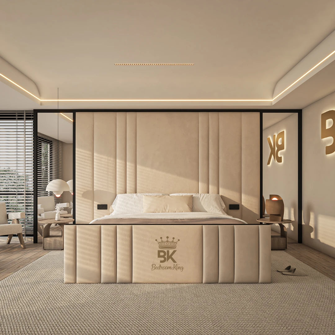 Wall panel with mirrors + King size storage bed frame in cream plush