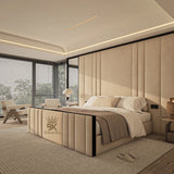 Wall panel storage bed frame in cream plush velvet made by Bedroomking