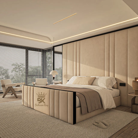 Wall panel storage bed frame in cream plush velvet made by Bedroomking