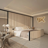 Upholstered bed frame with black borders and wall panel with mirrors