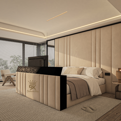 Modern TV bed set with mirror wall panel made by Bedroomking