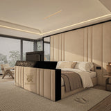Modern TV bed set with mirror wall panel made by Bedroomking