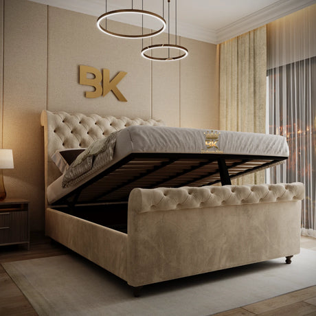 Upholstered sleigh bed frame with curved headboard and optional ottoman storage base.