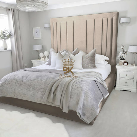 Upholstered bed frame in super king size and deep grey crushed velvet made by Bedroomking