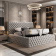Luxury bedroom with tufted bed and modern decor, featuring the brand 'Bedroom King'.
