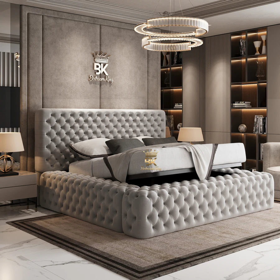 Luxury bedroom with tufted bed and modern decor, featuring the brand 'Bedroom King'.