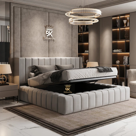 Modern bedroom with a tufted bed and 'Bedroomking' handmande bedframe.
