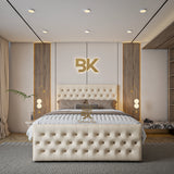 Durable ottoman divan storage bed frame in cream plush velvet