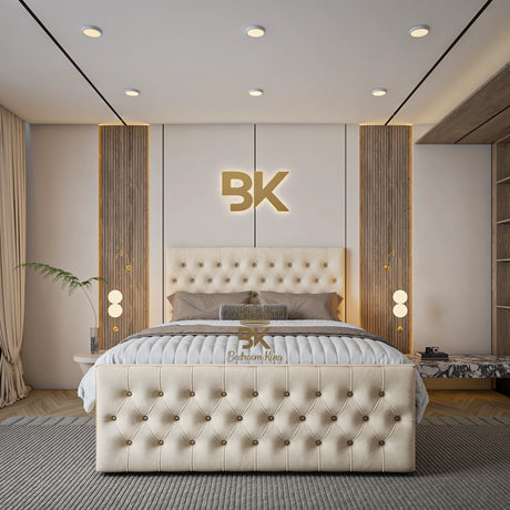 Durable ottoman divan storage bed frame in cream plush velvet