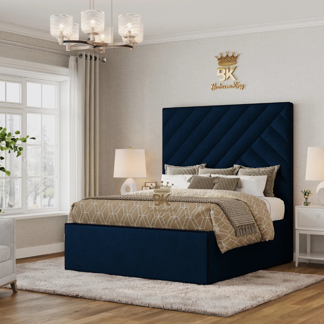 Upholstered blue plush velvet bed with storage base