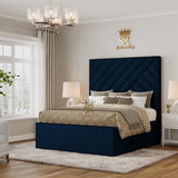Upholstered blue plush velvet bed with storage base