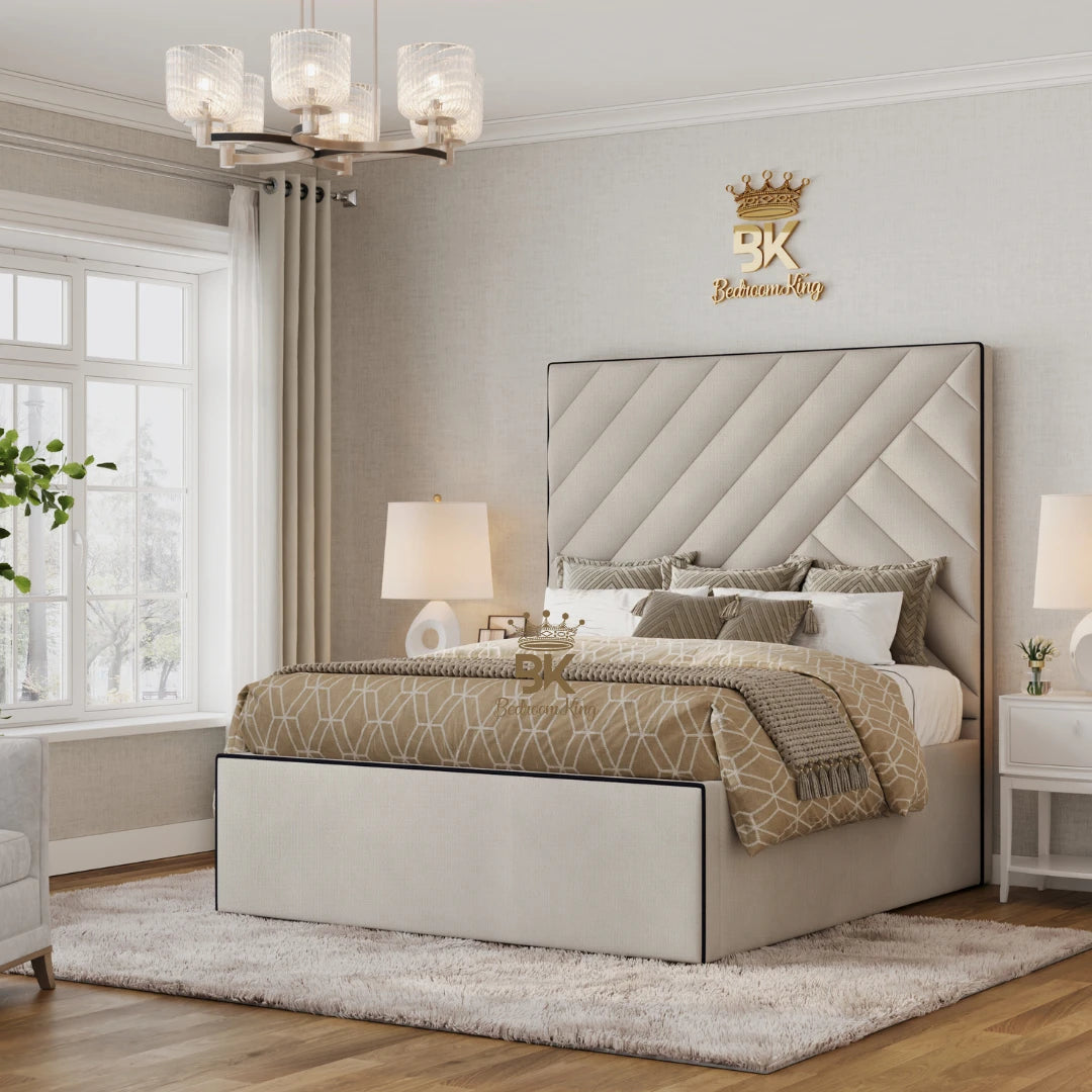 Modern cream naples bedframe with piping design and storage base