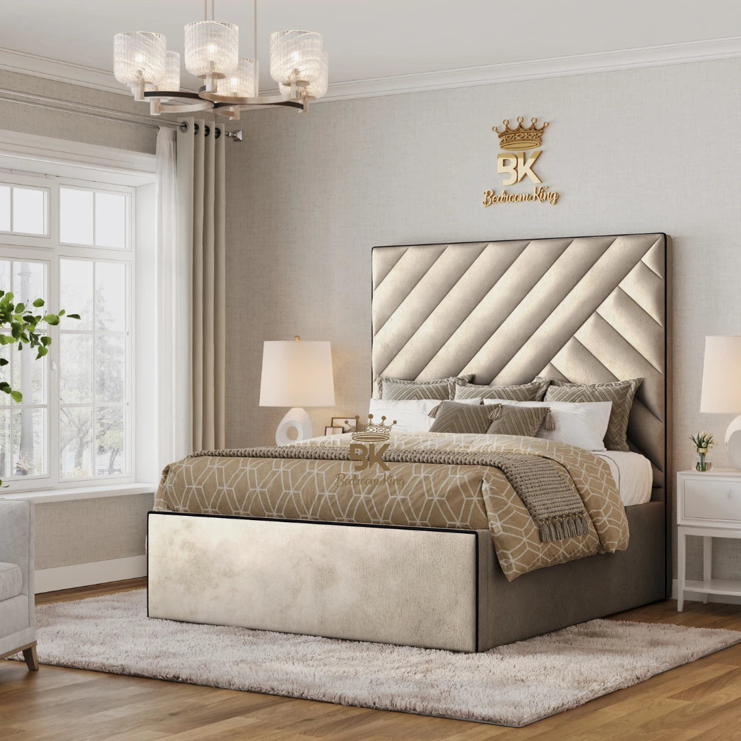 King size Isbah Storage Bed in rich cream crushed velvet upholstery