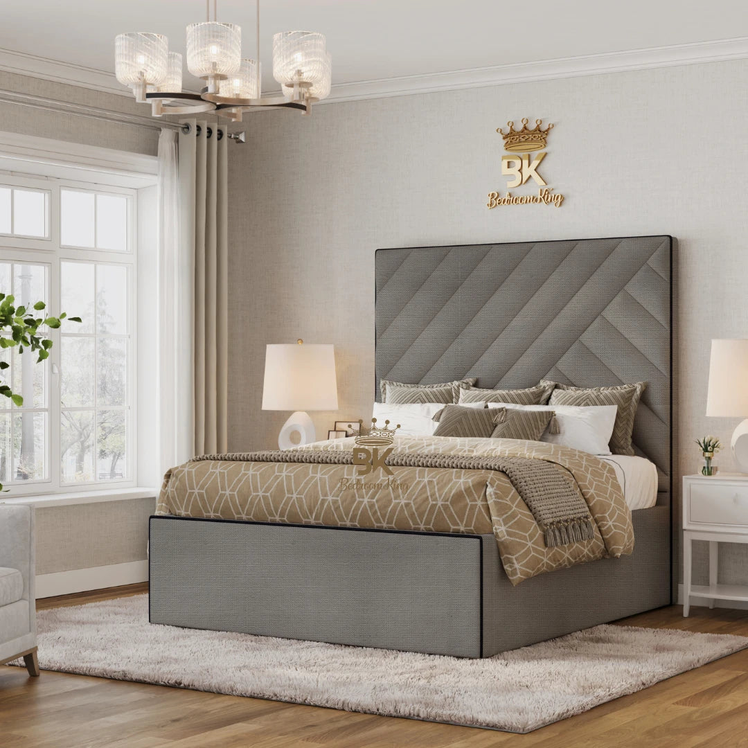 Modern grey naples bedframe with piping design and storage base - Double Bed Frame