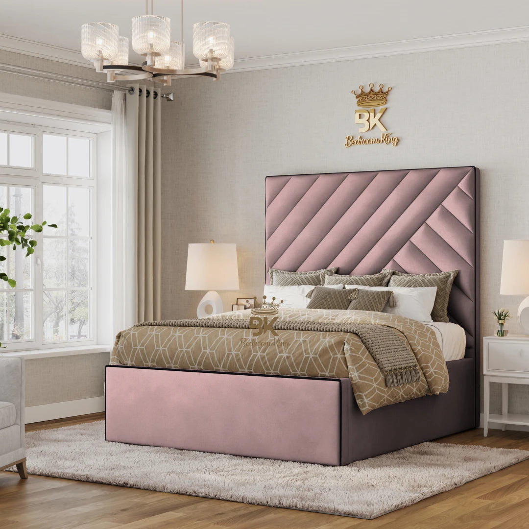 Pink plush velvet ottoman storage bed frame
