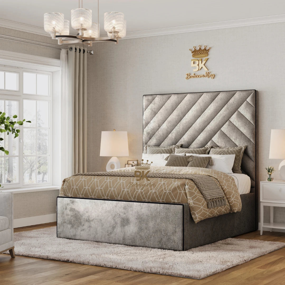 Silver crushed velvet bed frame with ottoman storage