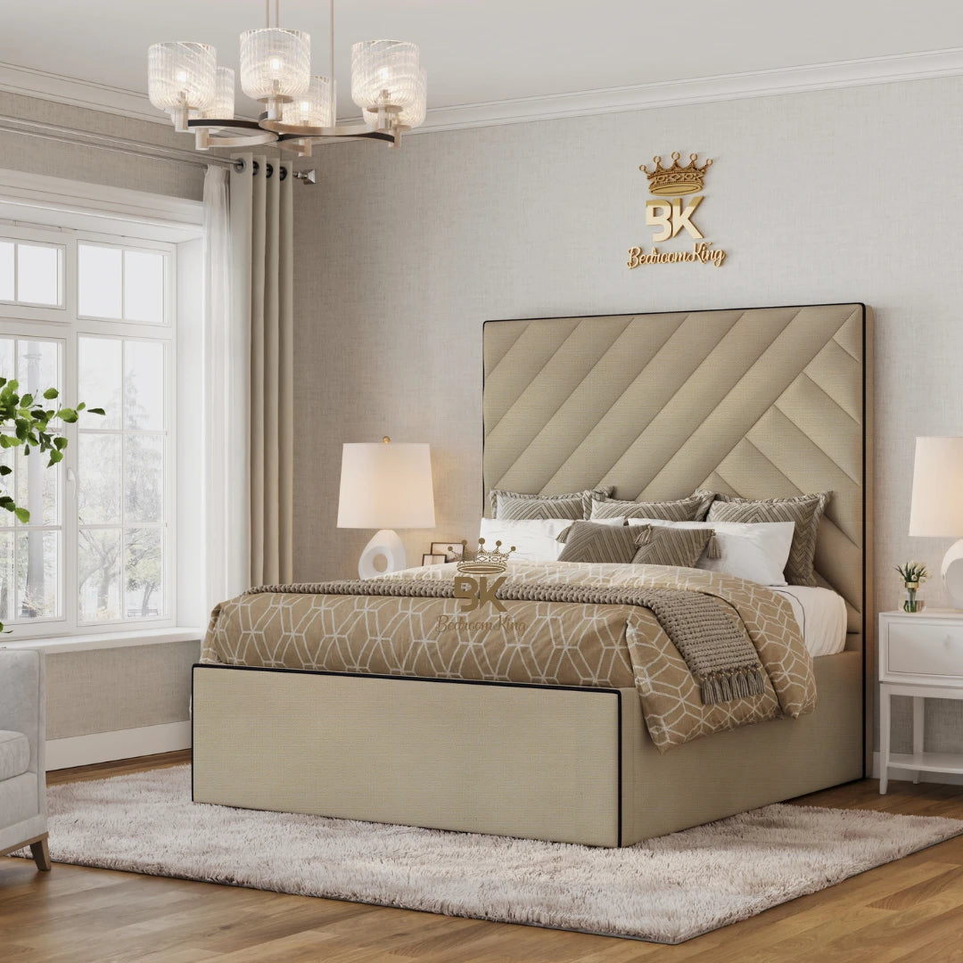 The Isbah Piped Border Storage Bed in king size bed frame - Steel Chenile