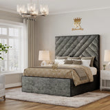 Modern steel chenile Isbah bed frame with clean lines and hidden storage compartment