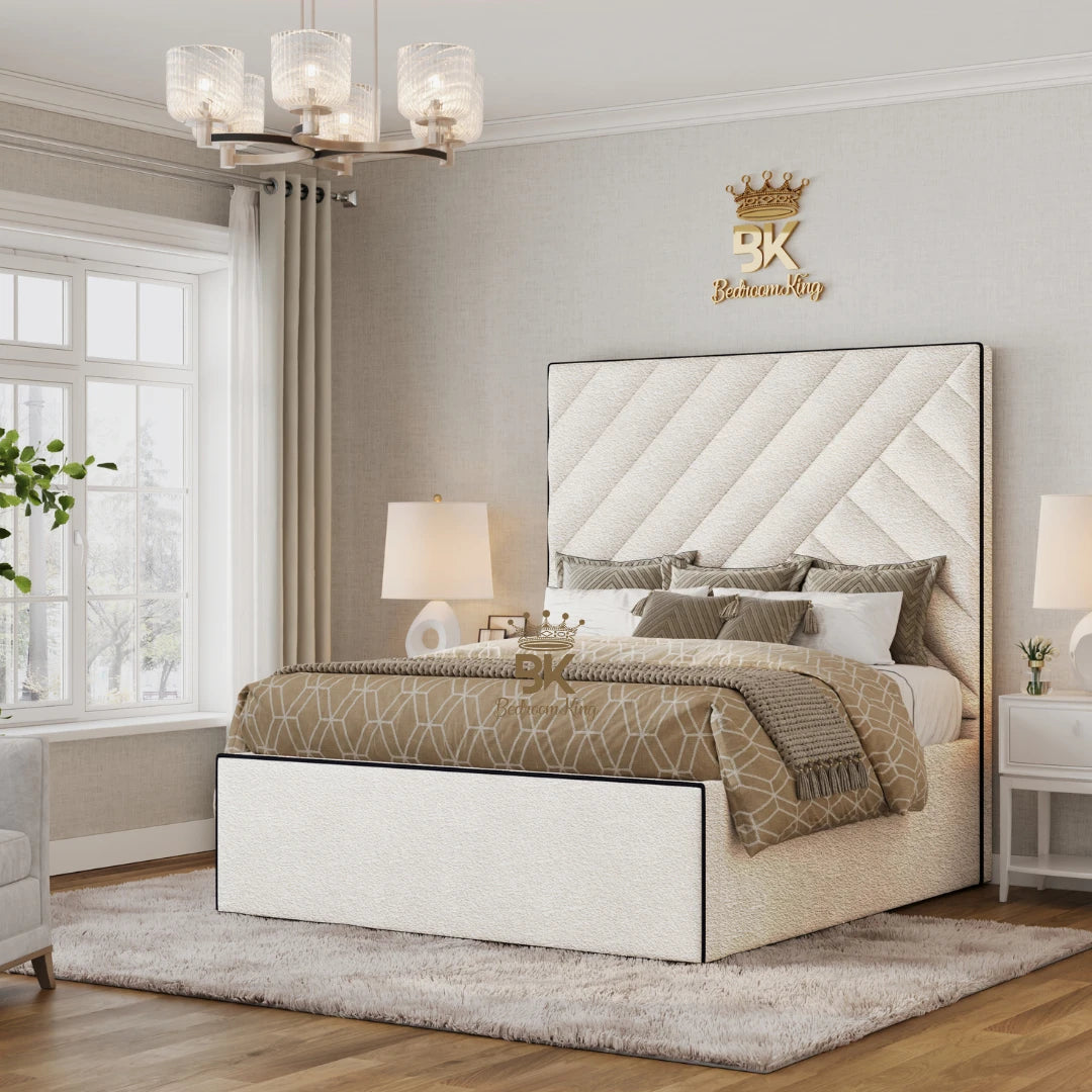 Isbah Bedframe in teddy boucle cream brings luxury, comfort, and clever storage to your bedroom