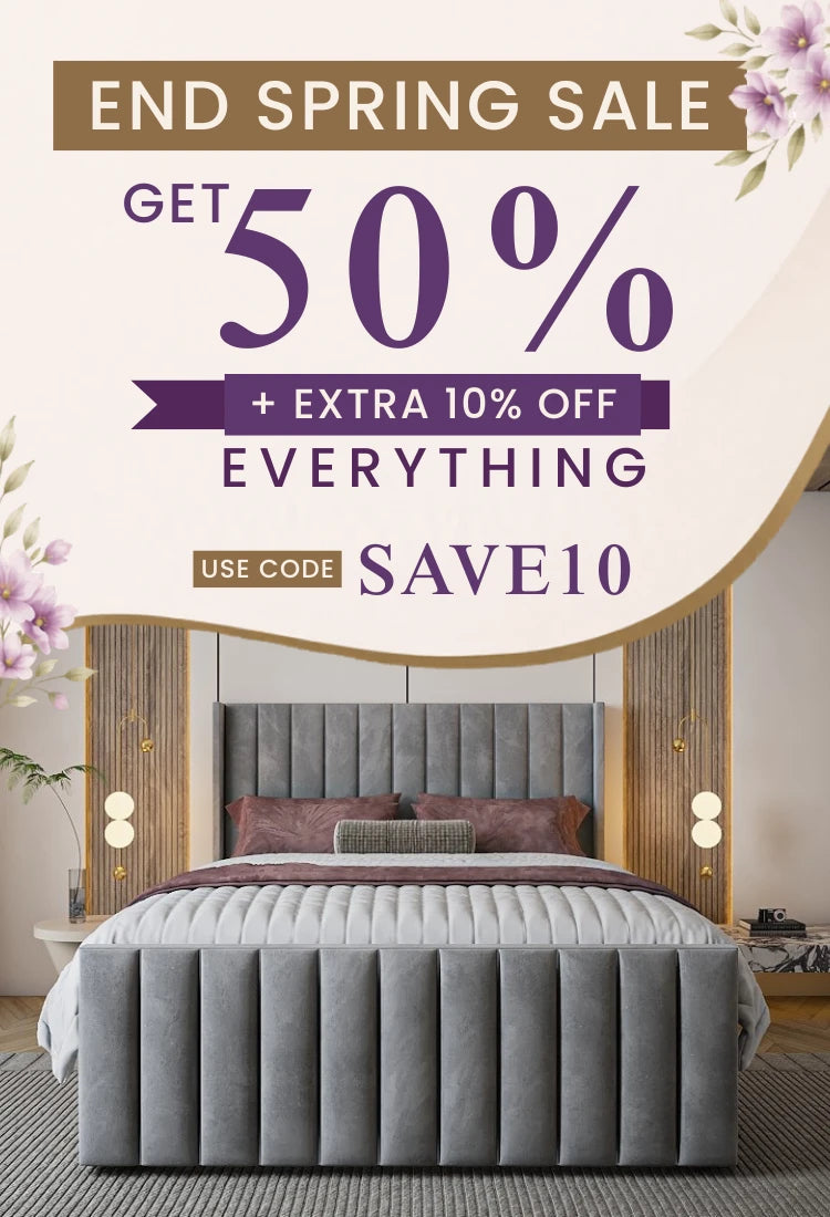 Promotional poster for an end spring sale with a bed in the background