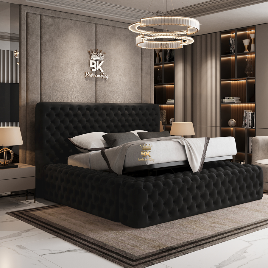 Modern bedroom with a black tufted bed made by bedroomking. Large USA style bed.