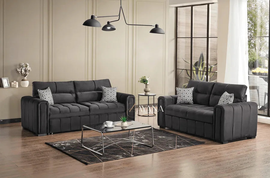 Manhattan 3 Seater Sofa Bed + 2 Seater Storage Sofa 3+2 Black - Bedroomking