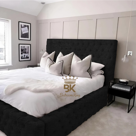 Monarch Bed Frame With Chesterfield Upholstery - Black Plush Velvet