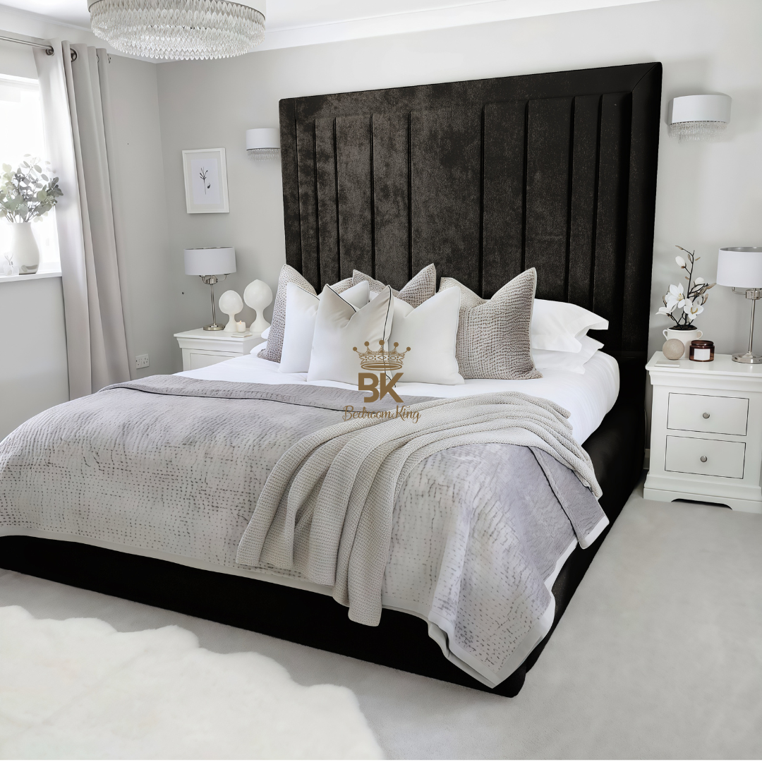 Storage upholstered bed frame in black crushed velvet made by Bedroomking 