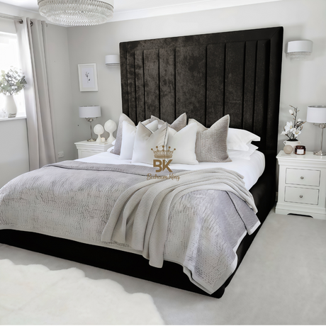 Storage upholstered bed frame in black crushed velvet made by Bedroomking 