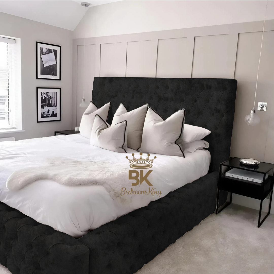 Monarch Bed Frame With Chesterfield Upholstery - Black Crushed Velvet