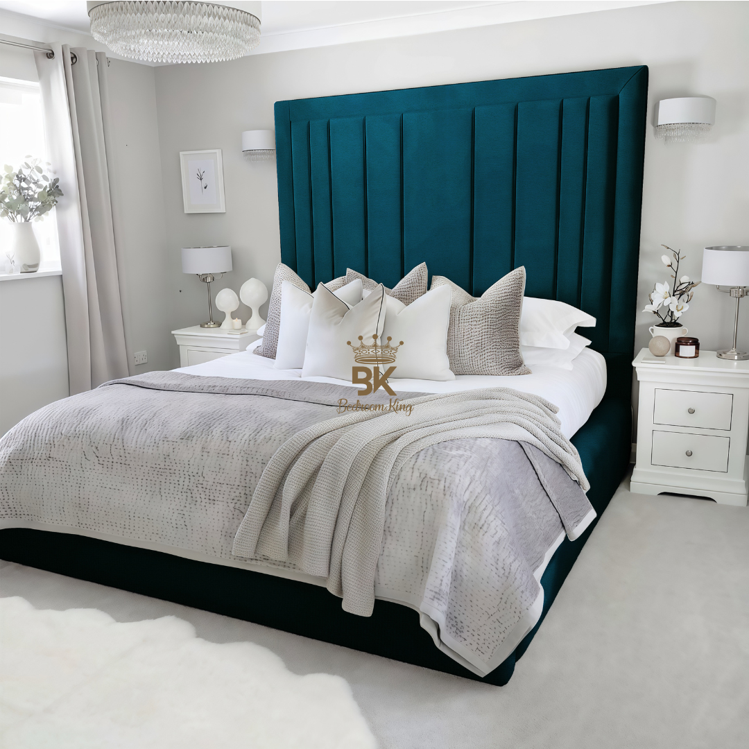 Storage upholstered bed frame in blue coniston made by Bedroomking 