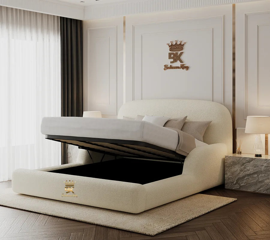 Modern bedroom with a beige upholstered bed in teddy fabric and decorative wall panel.