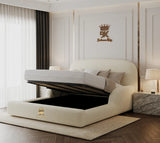 Modern bedroom with a beige upholstered bed in teddy fabric and decorative wall panel.