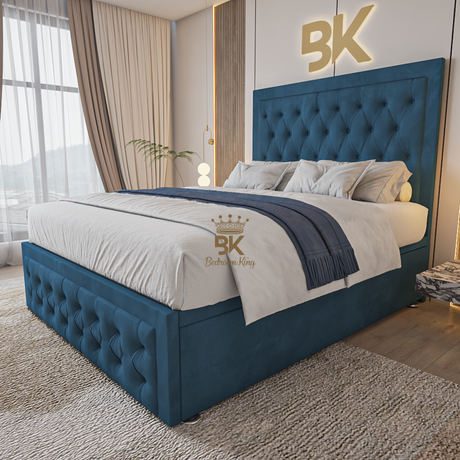 Stylish ottoman divan storage bed frame in blue fabric