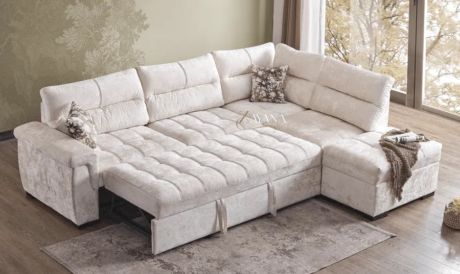 Gianni Right/Left Corner Sofa Bed With Storage Stool Cream - Bedroomking