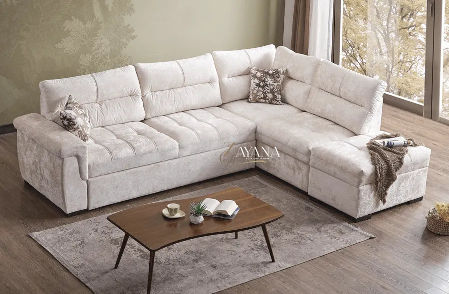 Gianni Right/Left Corner Sofa Bed With Storage Stool Cream - Bedroomking