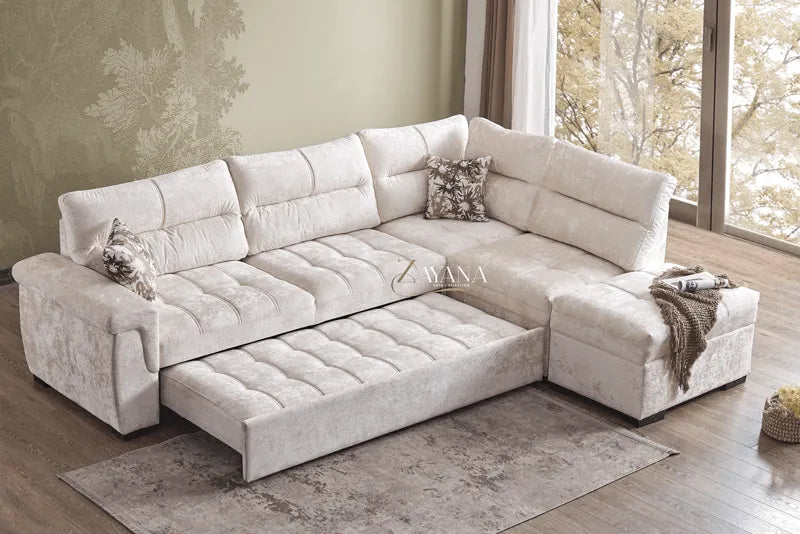 Gianni Right/Left Corner Sofa Bed With Storage Stool Cream - Bedroomking