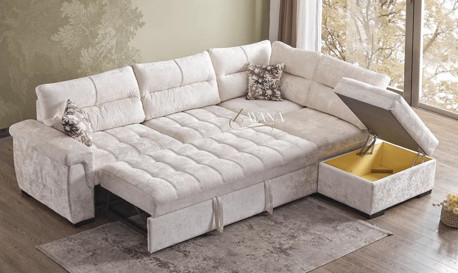 Gianni Right/Left Corner Sofa Bed With Storage Stool Cream - Bedroomking