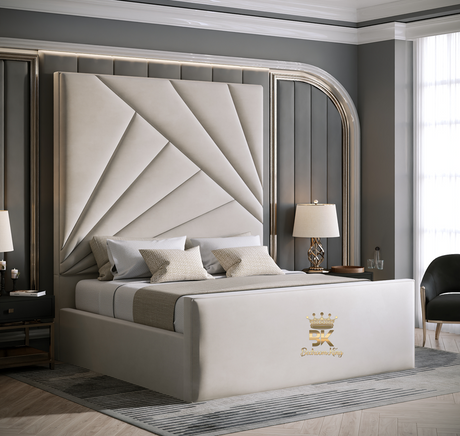 Luxury bedroom with a large cream storage bed featuring an ornate headboard and decorative pillows.