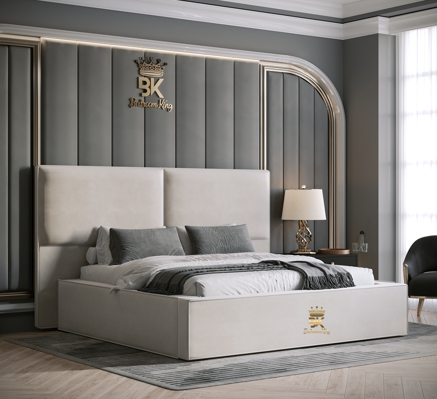 Luxury bedroom with a large cream bed, lamp, and decorative oversized headboard in a modern room.