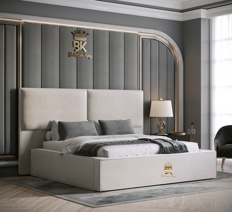 Luxury bedroom with a large cream bed, lamp, and decorative oversized headboard in a modern room.