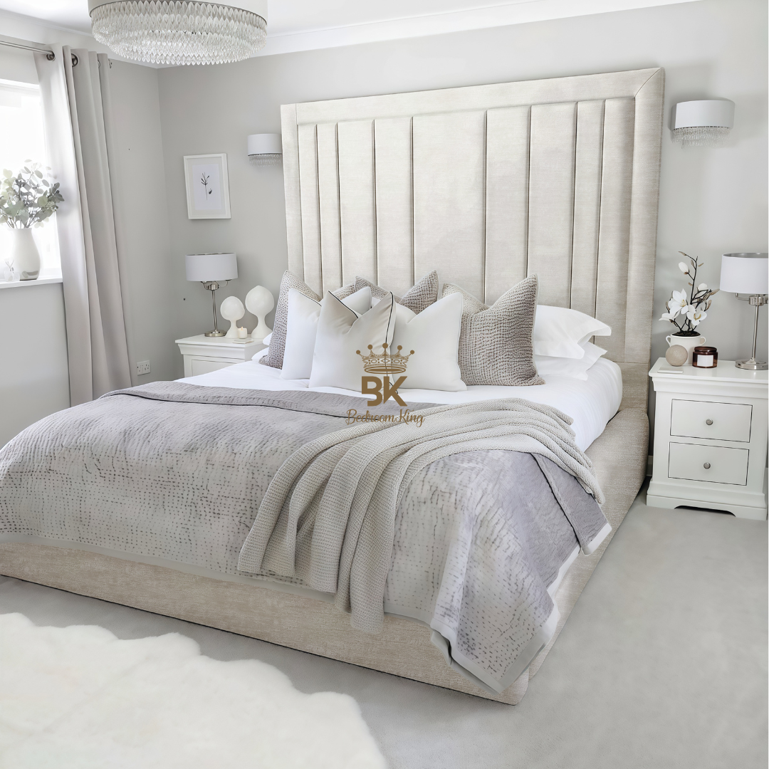 Storage upholstered bed frame in cream chenille made by Bedroomking 