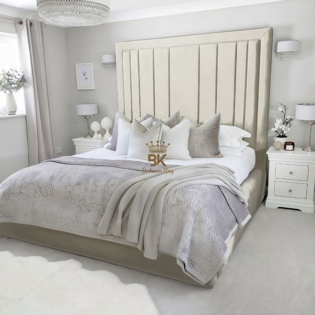 Storage upholstered bed frame in cream crushed velvet made by Bedroomking 