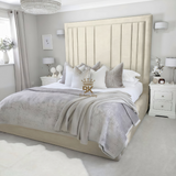 Storage upholstered bed frame in crean naples made by Bedroomking 