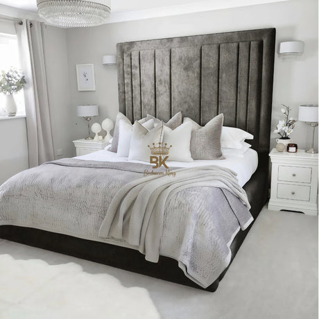 Upholstered bed frame in super king size and deep grey crushed velvet made by Bedroomking