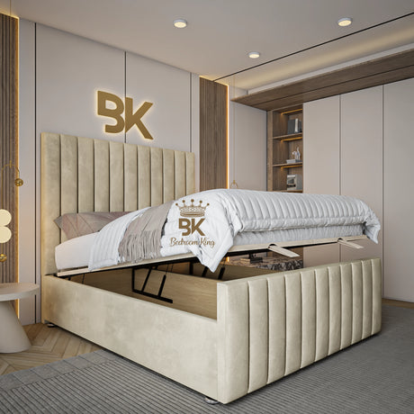 Fabric upholstered ottoman divan storage king size bed frame